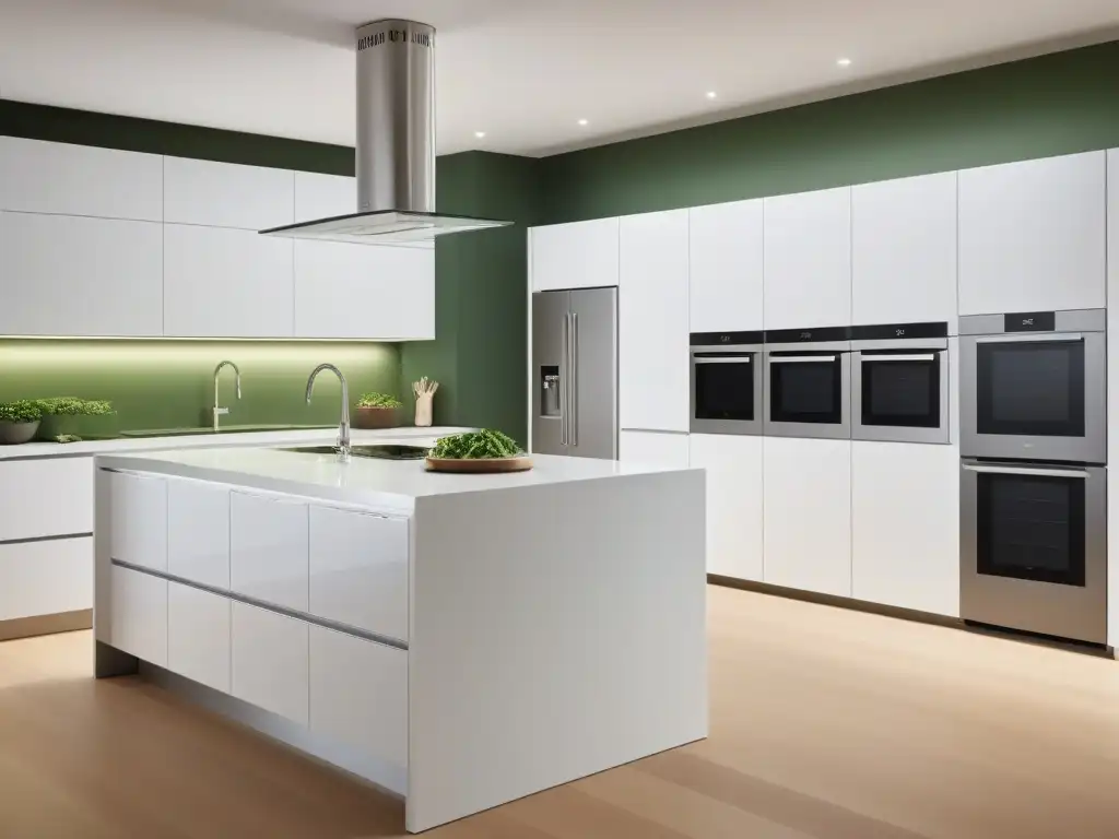 Cocina moderna y sostenible: eficiencia energética y estilo vegano Una cocina moderna y eficiente con electrodomésticos veganos de consumo eficiente