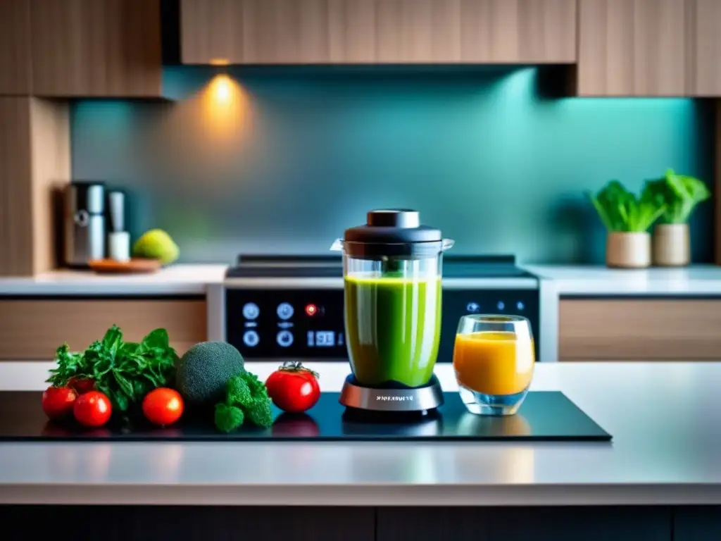 Una cocina moderna con electrodomésticos cocina vegana sostenible y ambiente futurista iluminado