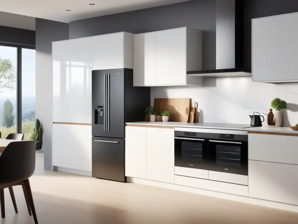 Cocina vegana moderna con electrodomésticos energéticamente eficientes Una cocina moderna y elegante con electrodomésticos de cocina vegana de consumo eficiente, integrados en un diseño minimalista y luminoso
