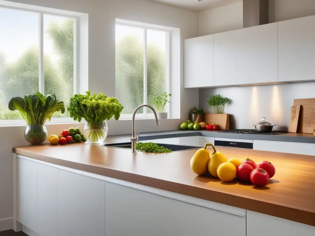 Cocina moderna con elementos eco-friendly: huerto interior, frutas y verduras orgánicas, luz natural