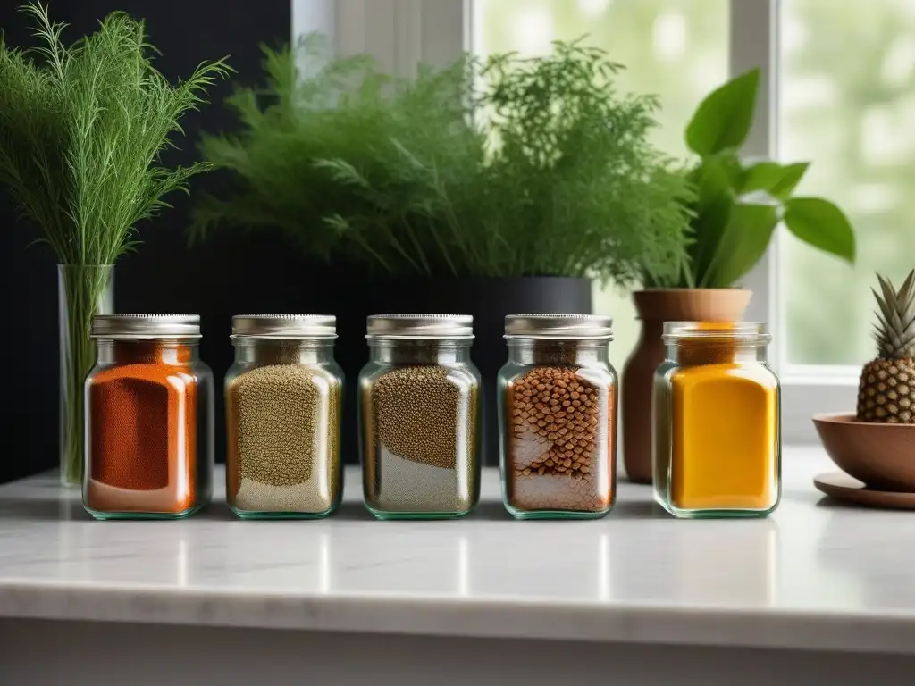 Una cocina moderna con especias mediorientales para cocina vegana en elegantes frascos de vidrio, iluminada con calidez y frescura natural