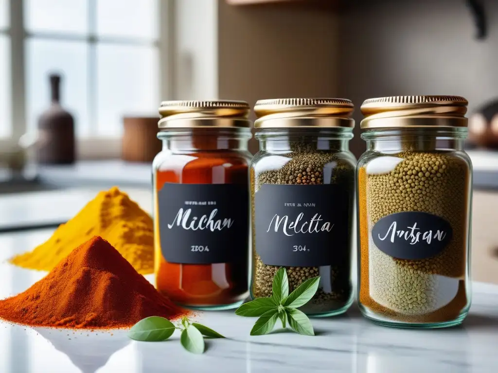 Una cocina moderna con especias mediorientales para cocina vegana en tarros de cristal, perfectamente organizadas y etiquetadas en elegante caligrafía