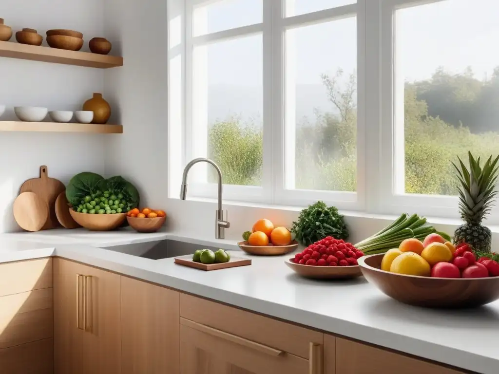 Una cocina moderna con estilo y abundancia en frutas y verduras frescas, reflejando el minimalismo en la cocina vegana