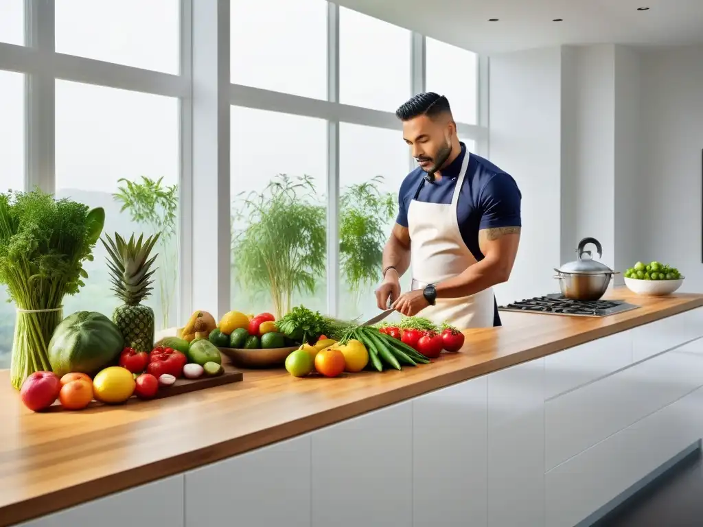 Una cocina moderna con estilo de vida sostenible, cocina vegana, frutas y verduras frescas, chef cortando ingredientes