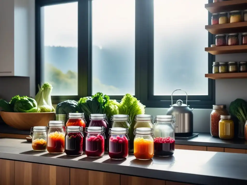 Una cocina moderna con frascos de alimentos fermentados veganos, iluminada por el sol