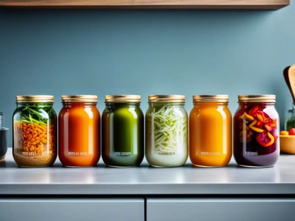 Una cocina moderna con frascos coloridos de fermentación vegana, mostrando los beneficios de la fermentación vegana