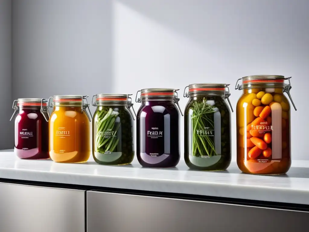 Una cocina moderna con frascos veganos de fermentación de vegetales en distintas etapas, mostrando un proceso colorido y preciso