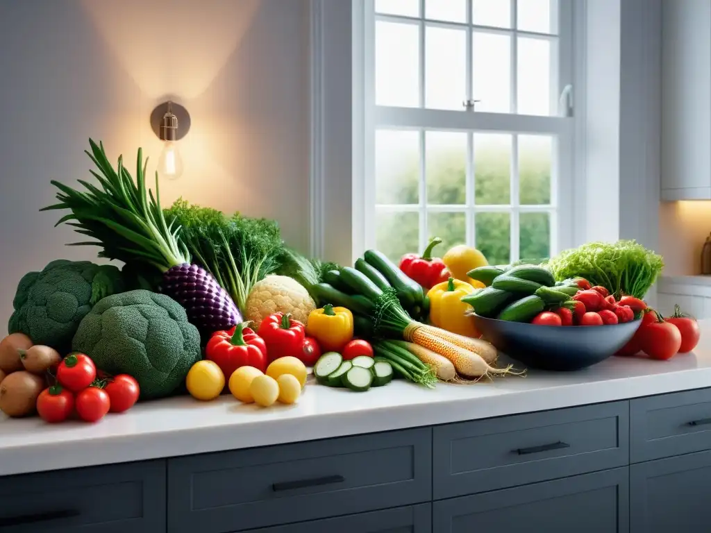 Cocina moderna con frutas y verduras coloridas, luz natural y Dieta vegana y salud mental