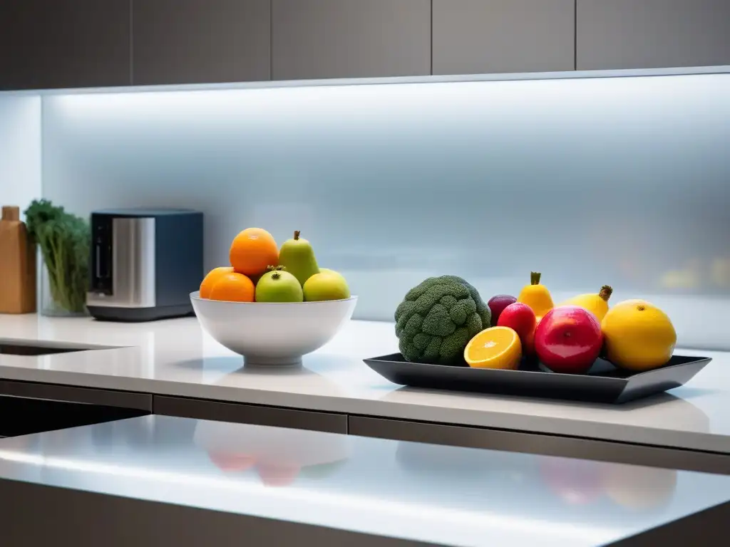 Una cocina moderna con frutas y verduras coloridas organizadas, transmitiendo salud y nutrición para la absorción de hierro en veganos