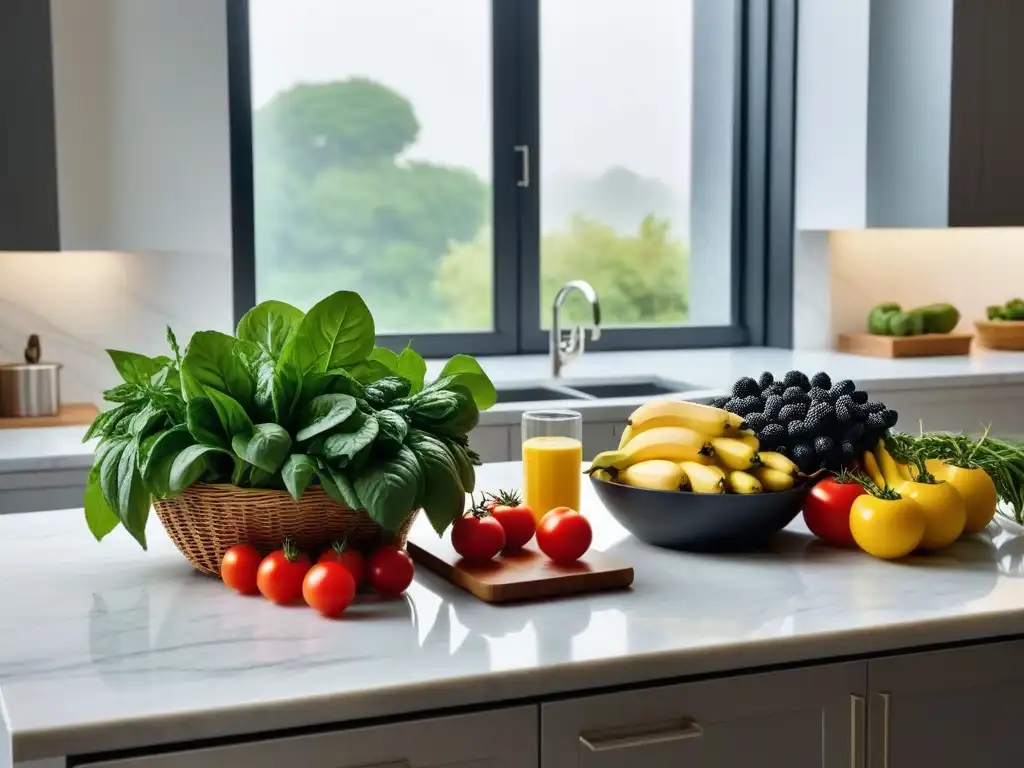 Una cocina moderna con frutas y verduras coloridas en un elegante mostrador de mármol, iluminada por luz natural