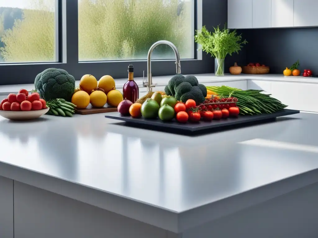 Una cocina moderna con frutas y verduras vibrantes y coloridas, iluminadas por la luz natural