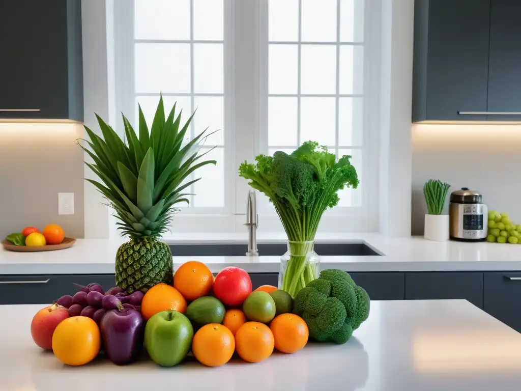 Una cocina moderna con frutas y verduras vibrantes, reflejo de la dieta vegana transformación cuerpo mente