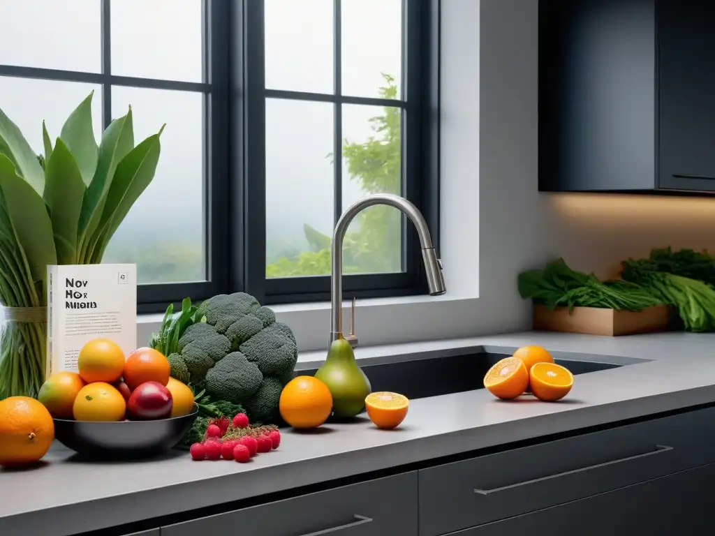 Una cocina moderna con frutas y verduras coloridas, agua con suplemento de magnesio y recetario vegano