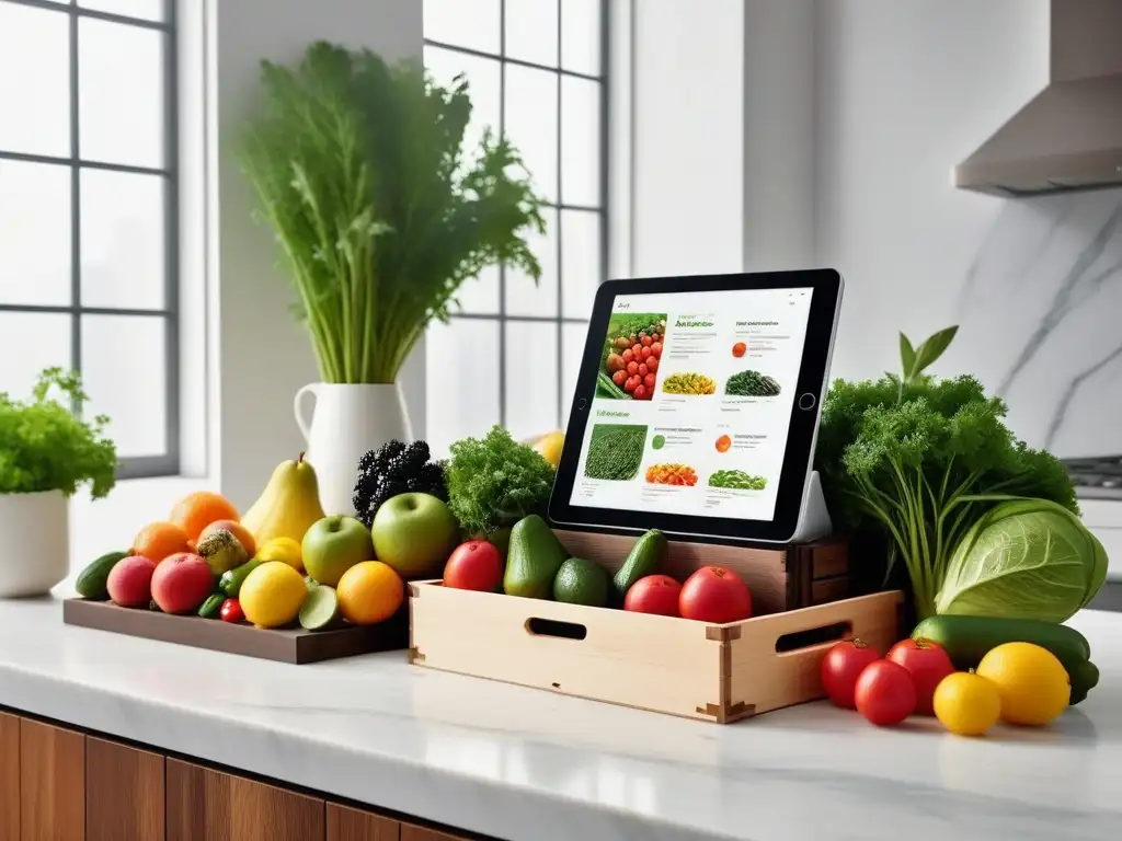 Cocina moderna con recetas veganas y ingredientes frescos en tablet Cocina moderna con frutas y verduras frescas, tablet con recetas veganas y hierbas en macetas