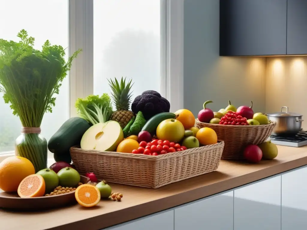 Una cocina moderna con frutas y verduras coloridas en cestas de mimbre