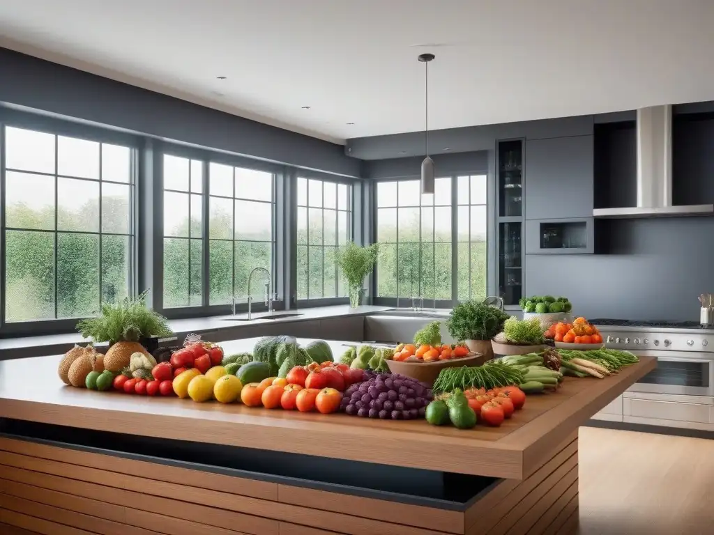 Una cocina moderna con frutas y verduras frescas en cajas de madera