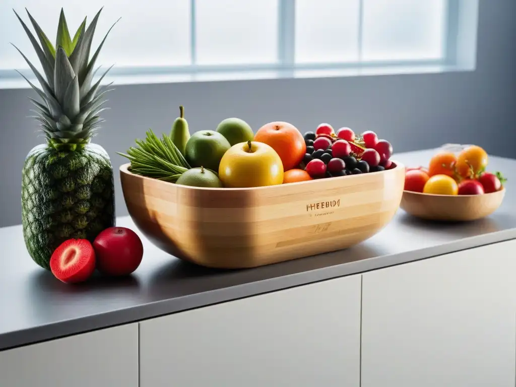 Una cocina moderna con frutas y verduras coloridas en cuencos de bambú, resaltando la belleza natural de los alimentos