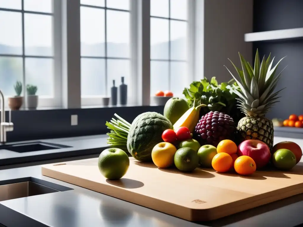 Una cocina moderna con frutas, verduras frescas y utensilios