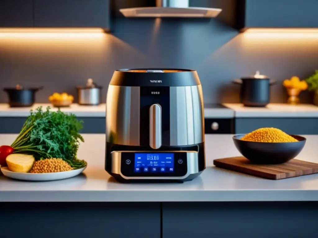 Una cocina moderna con gadgets tecnológicos para cocinar vegano brillando bajo la luz ambiental