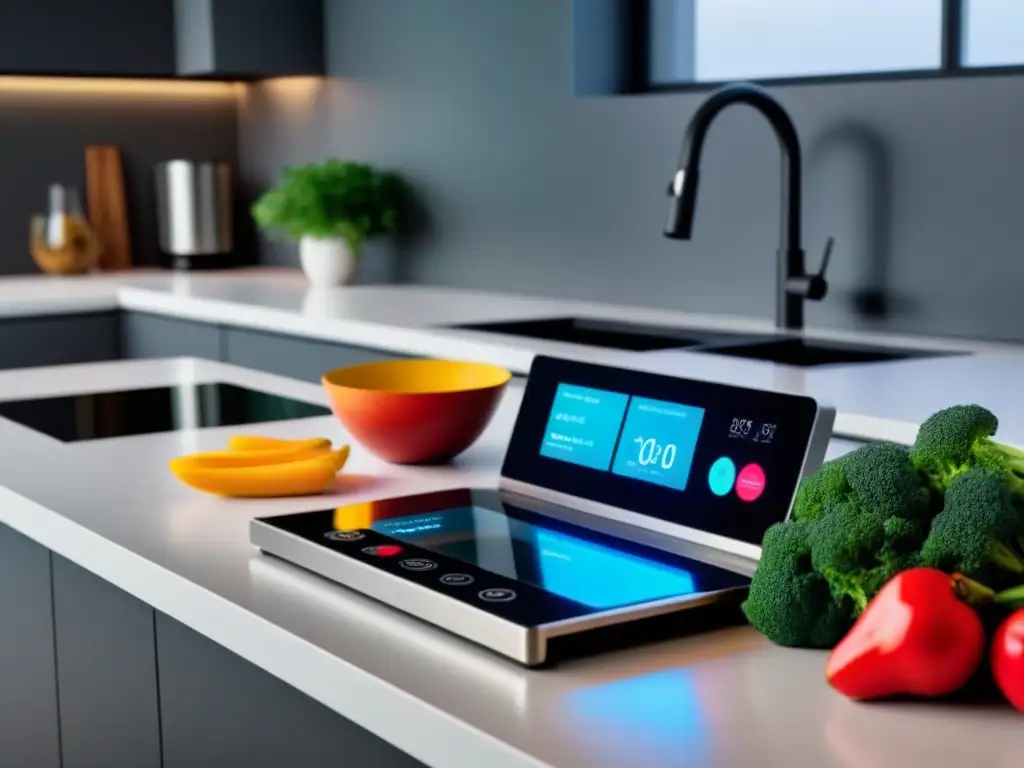 Una cocina moderna con gadgets tecnológicos para cocinar vegano