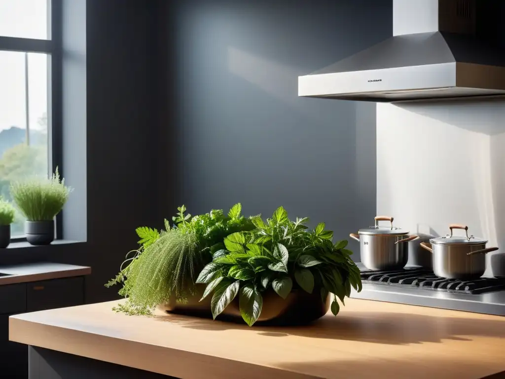 Una cocina moderna con hierbas adaptógenas, beneficiosas para una cocina vegana saludable, iluminada por el sol