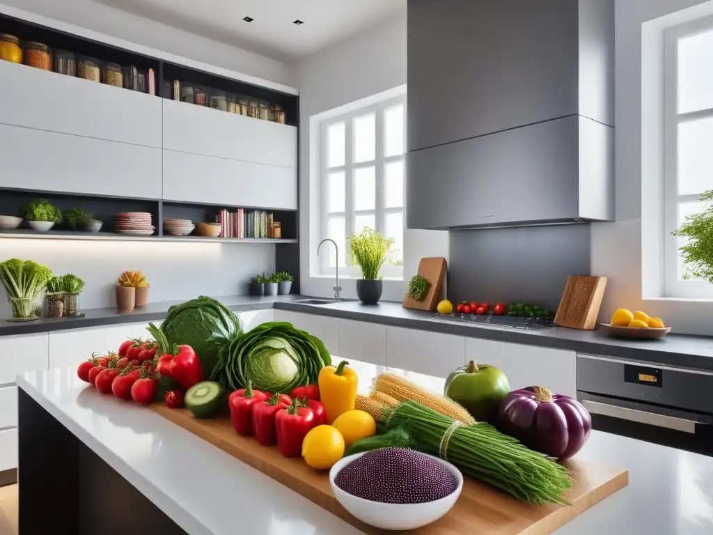 Una cocina moderna con ingredientes frescos y libros de cocina vegana para deportistas