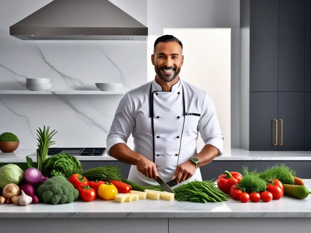 Una cocina moderna con ingredientes frescos y chef preparando plato vegano francés