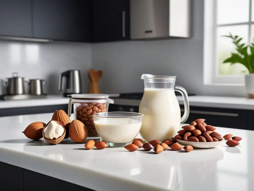 Una cocina moderna con ingredientes para hacer leches vegetales caseras: almendras, dátiles, vainilla