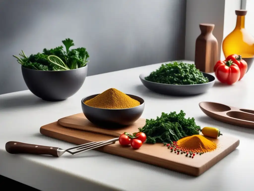 Una cocina moderna con ingredientes veganos y utensilios para preparar recetas veganas con teff Etiopía