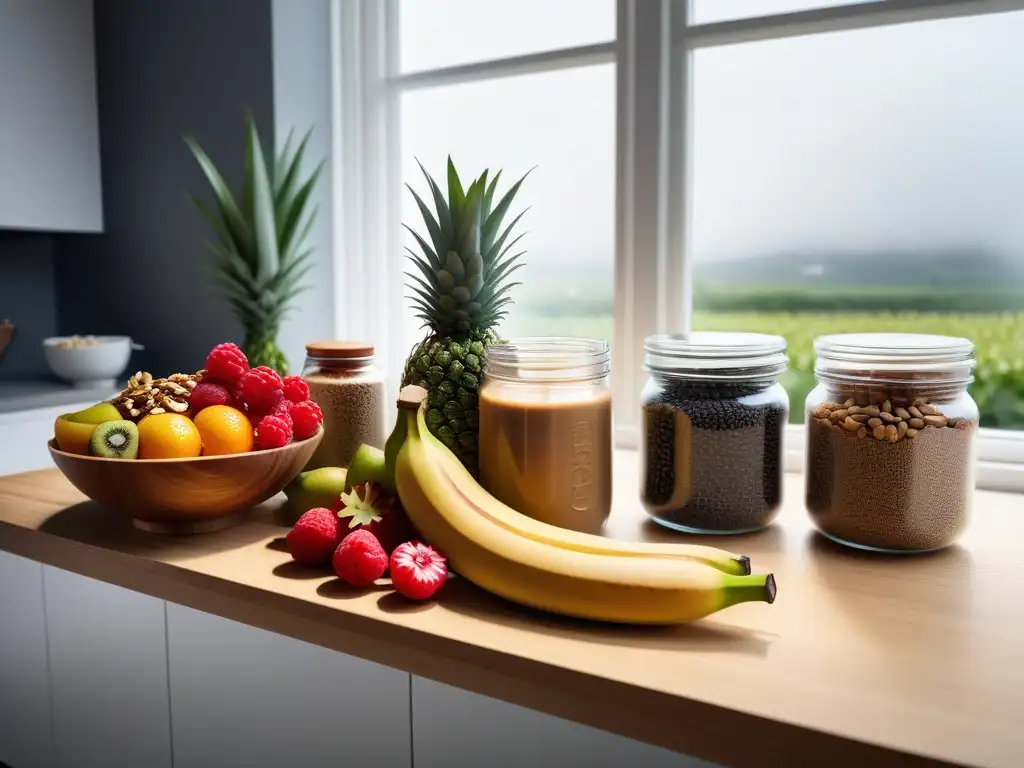 Una cocina moderna con ingredientes veganos frescos organizados en envases de vidrio y cuencos de madera