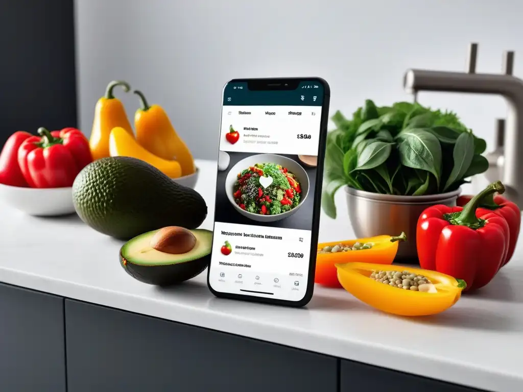 Una cocina moderna con una innovadora app de recetas veganas en un smartphone, destacando los mejores apps recetas veganas innovadoras