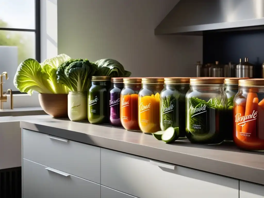 Una cocina moderna llena de frascos con vegetales fermentados, iluminados por el sol