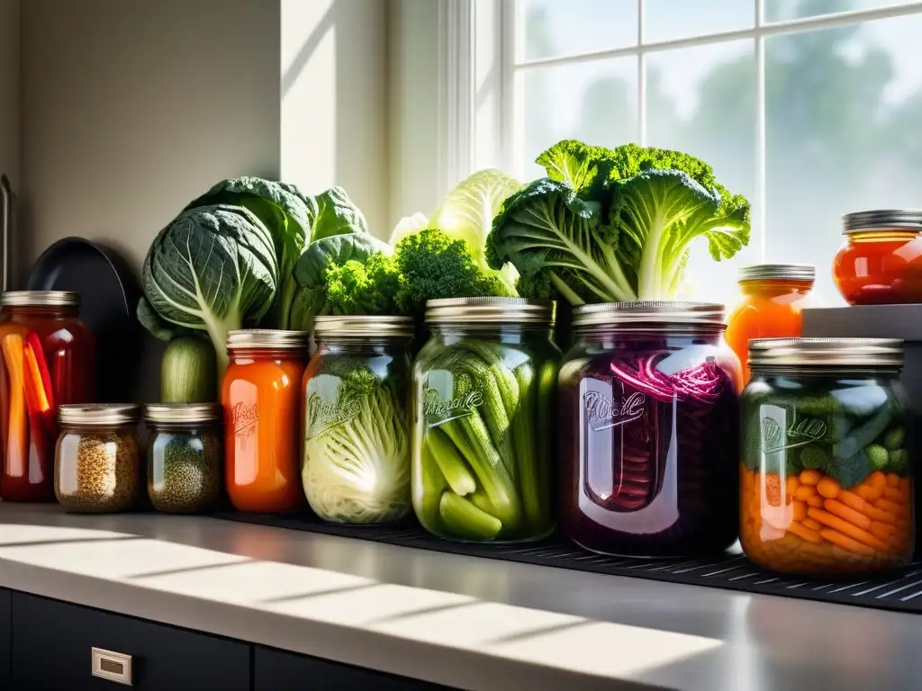 Una cocina moderna llena de frascos de vidrio con vegetales fermentados