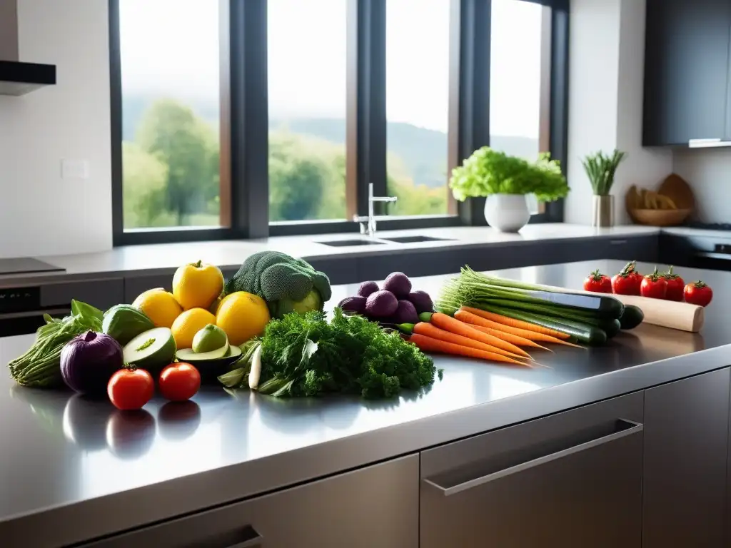 Una cocina moderna llena de frutas y verduras frescas en un arcoíris, con cuchillos brillantes al fondo