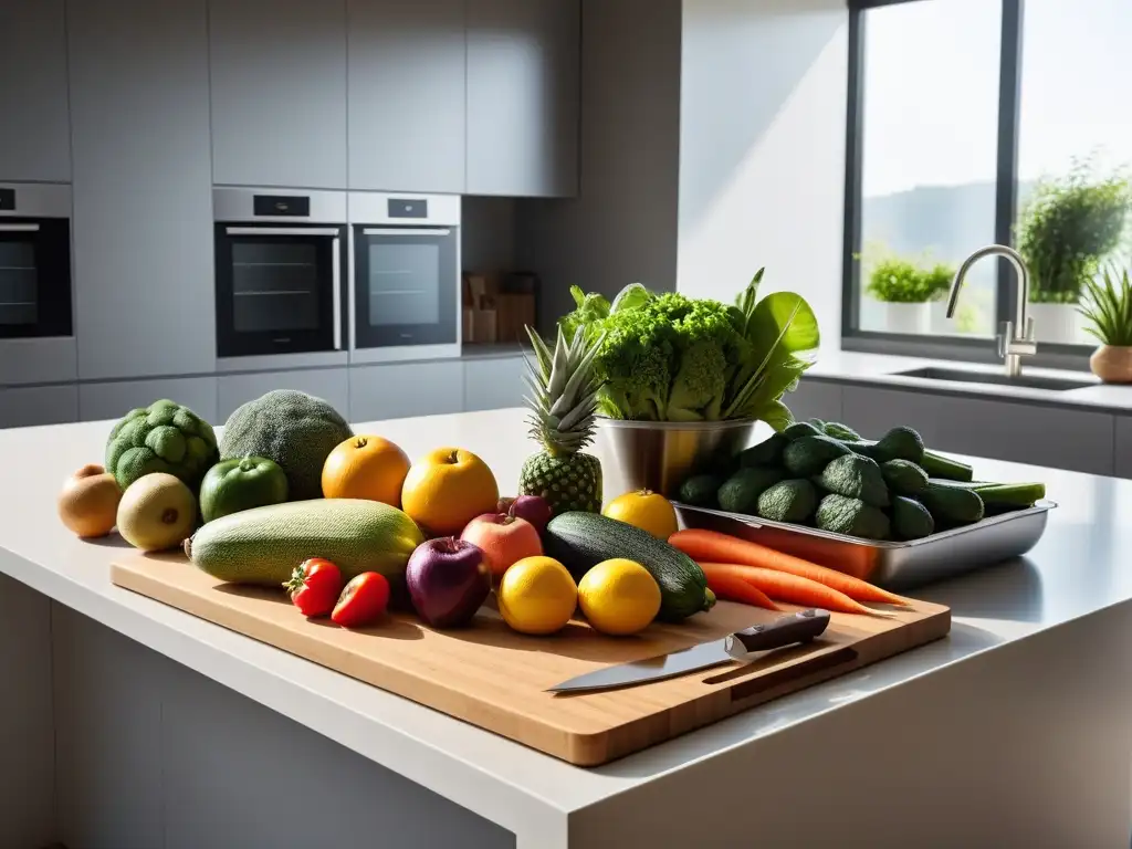 Cocina moderna llena de frutas y verduras frescas