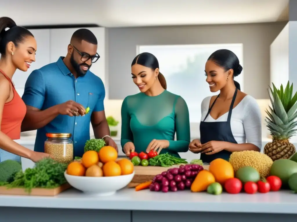 Una cocina moderna llena de frutas, verduras y suplementos veganos