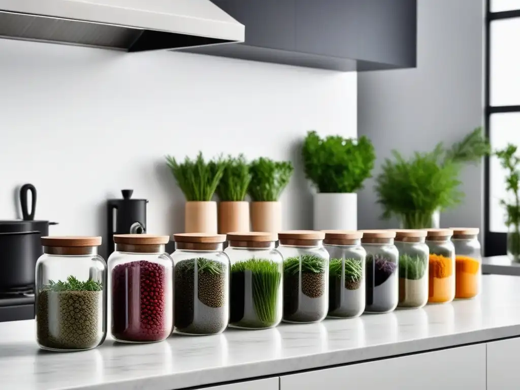 Una cocina moderna llena de hierbas adaptógenas para veganos en elegantes frascos de vidrio, creando un ambiente armonioso y vibrante