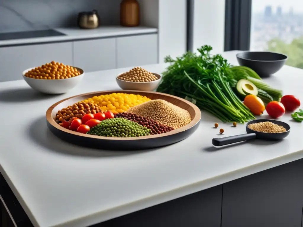 Una cocina moderna llena de ingredientes coloridos y herramientas elegantes, inspirando recetas innovadoras proteínas vegetales