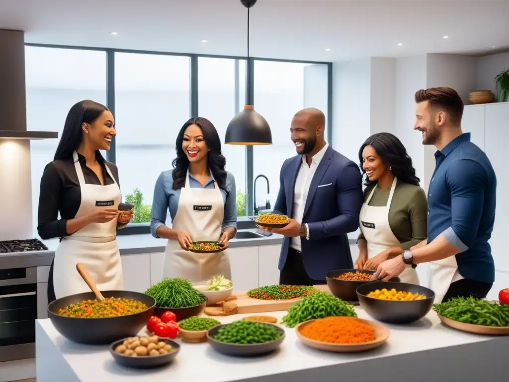 Una cocina moderna llena de personas diversas cocinando y compartiendo recetas veganas internacionales apps, unidas en armonía culinaria