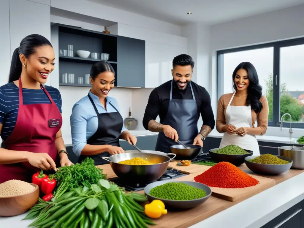 Una cocina moderna llena de personas diversas cocinando juntas recetas veganas internacionales para alergias, en una atmósfera vibrante y acogedora