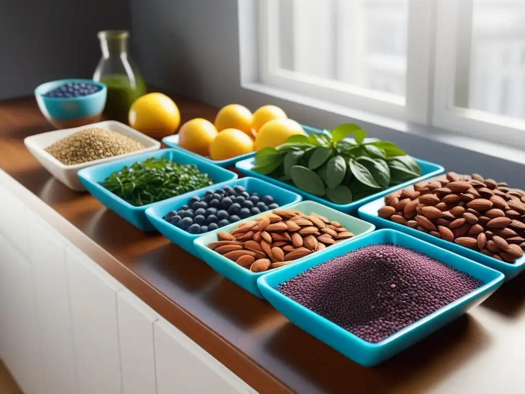 Una cocina moderna llena de superfoods veganos coloridos, organizados en contenedores minimalistas