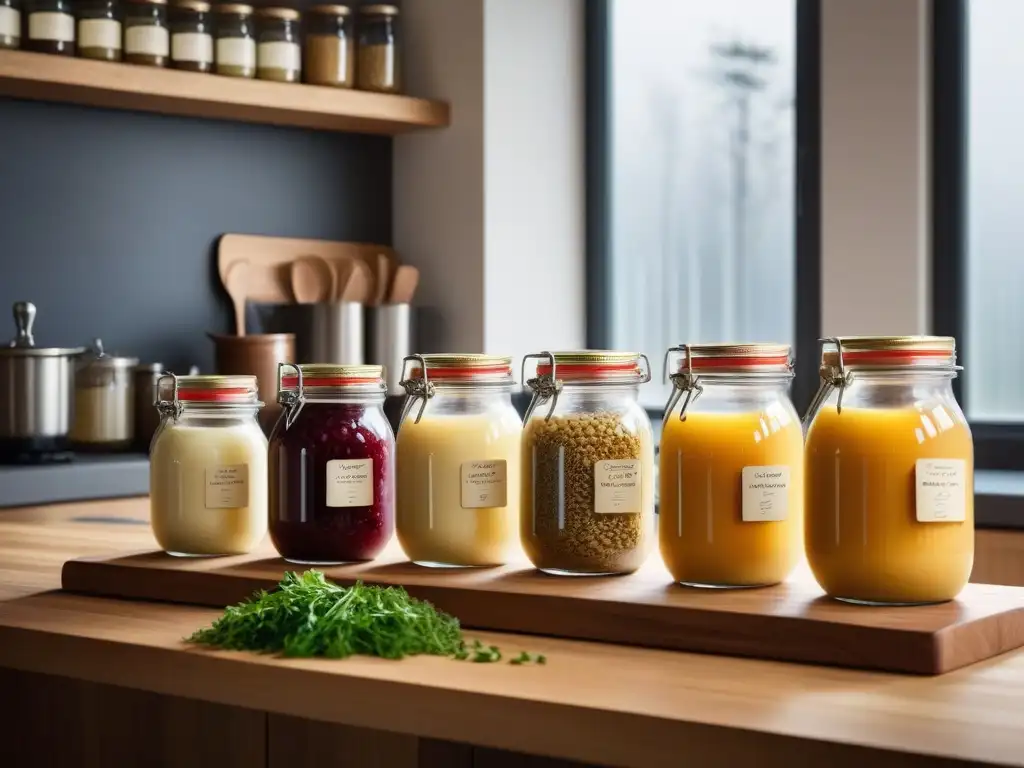 Una cocina moderna llena de tarros de fermentaciones veganas caseras queso en diferentes etapas, iluminados por luz natural