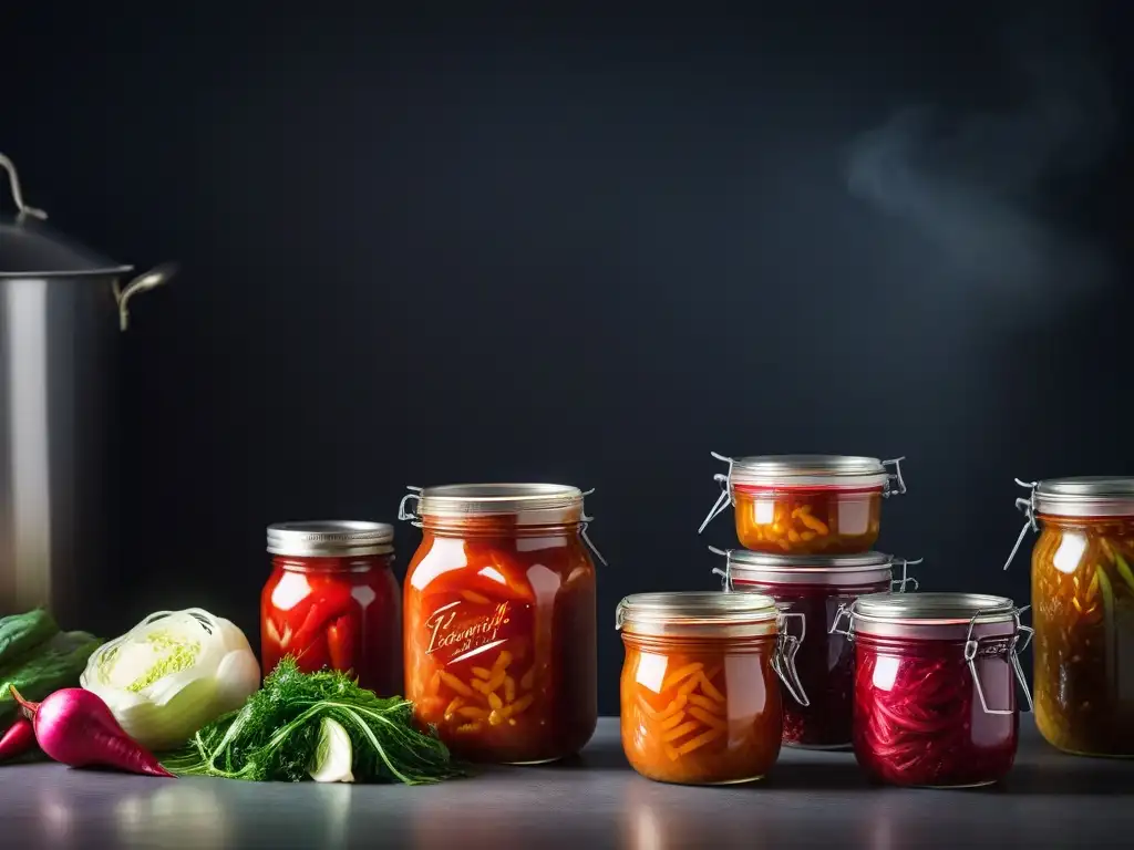 Una cocina moderna llena de tarros coloridos de kimchi vegano casero en diferentes etapas de fermentación