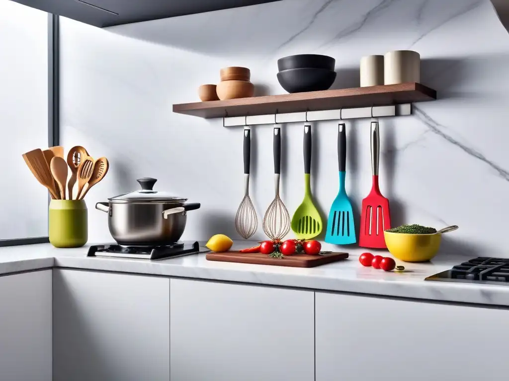 Una cocina moderna llena de utensilios de cocina de silicona coloridos y organizados, ideal para cocinar vegano