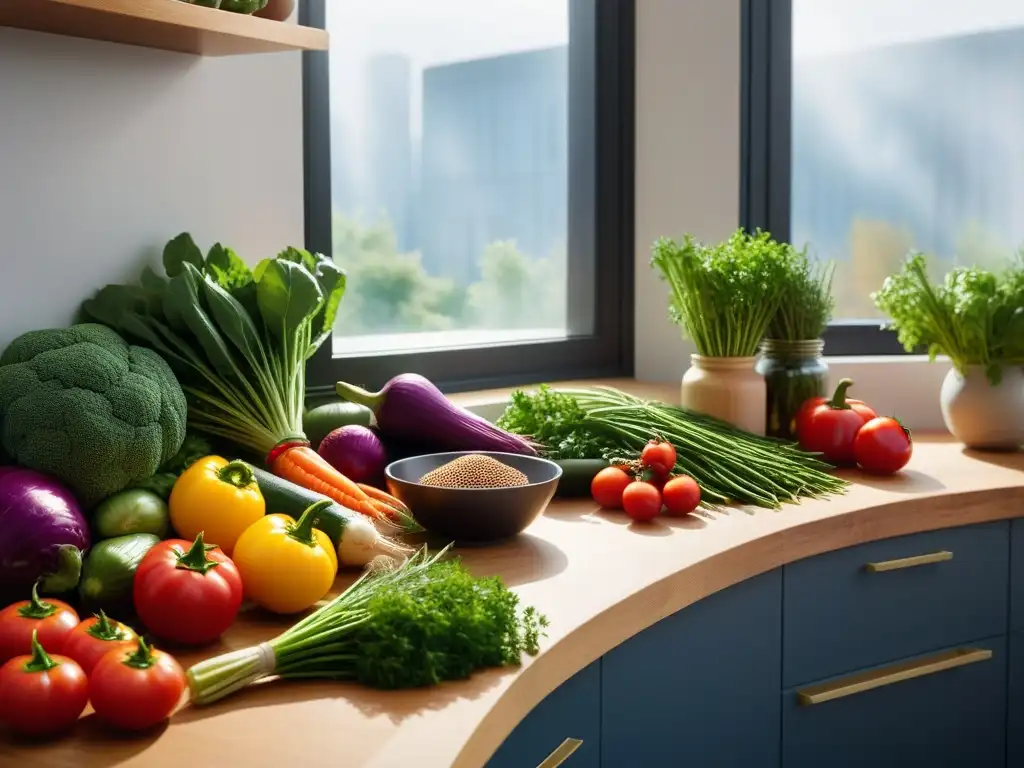 Una cocina moderna llena de vegetales frescos y utensilios de cocina, iluminada por luz natural