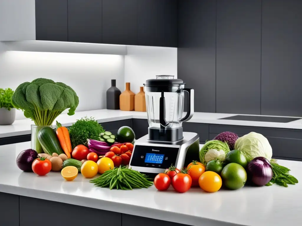 Una cocina moderna llena de vegetales, frutas y especias coloridas, junto a gadgets tecnológicos, ideal para aplicaciones cocina vegana fácil rápida