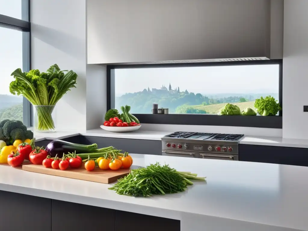 Una cocina moderna llena de verduras frescas y coloridas, iluminada por el sol