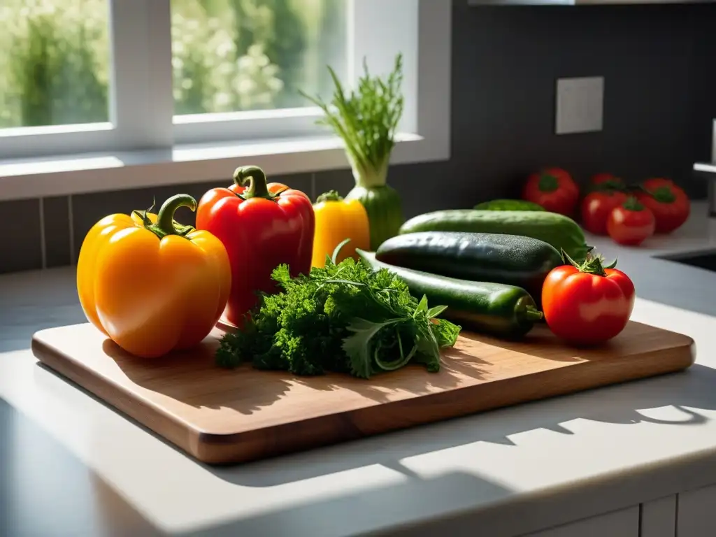 Una cocina moderna llena de verduras frescas, con luz natural resaltando colores y texturas, ideal para plataformas digitales para cocina vegana