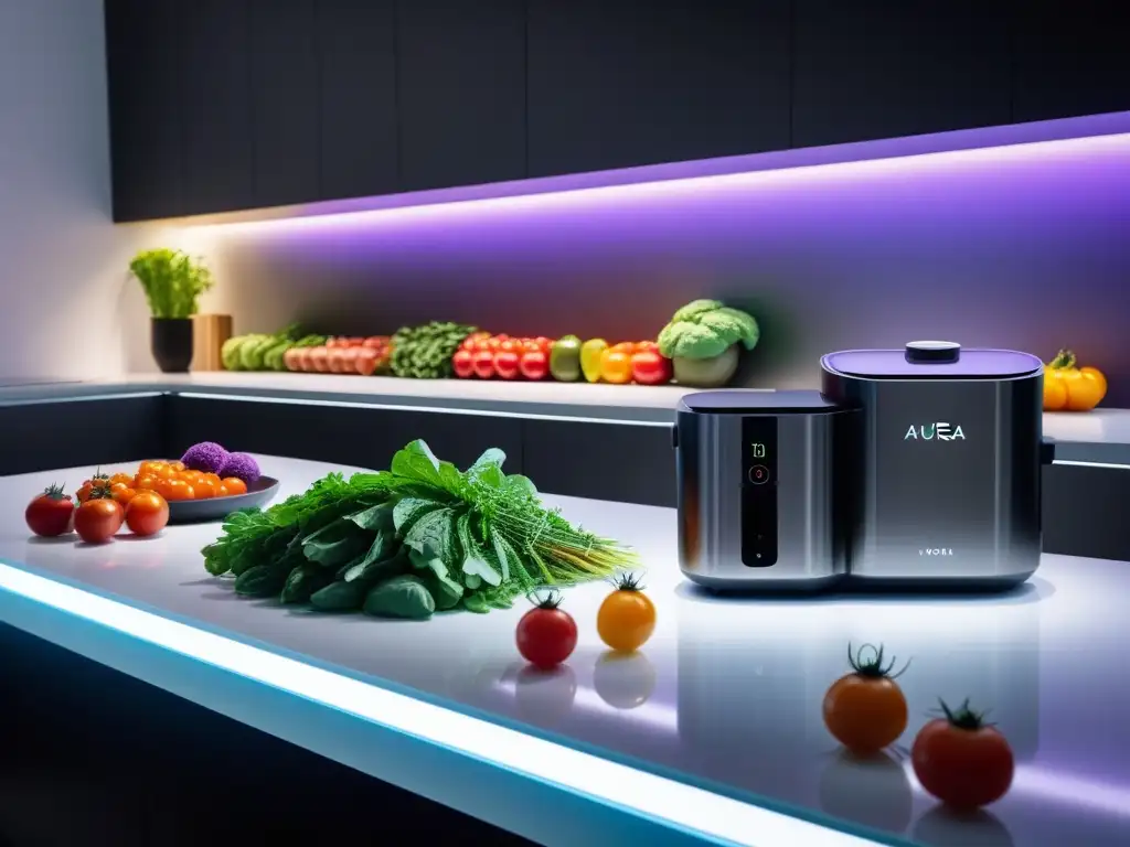 Una cocina moderna llena de verduras frescas junto a equipos de cocina de alta tecnología