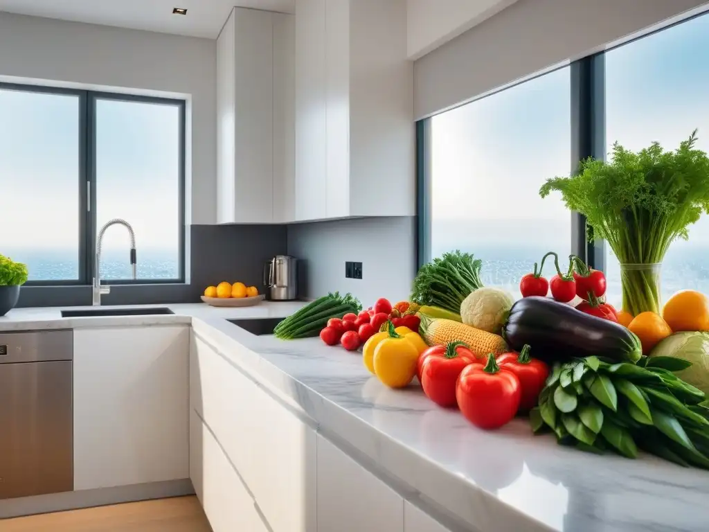 Una cocina moderna llena de verduras y frutas frescas, organizadas en una encimera de mármol, iluminada por el sol